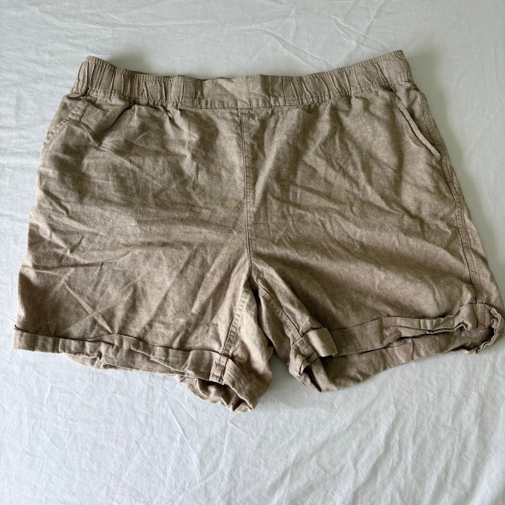 Eddie‎ Bauer Khaki Linen Blend Elastic Waist women's Pull On Shorts XXL Tan